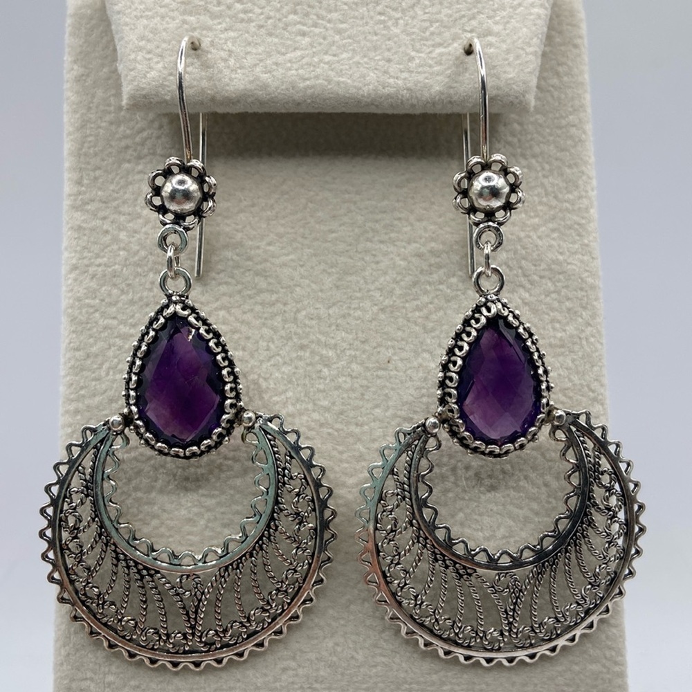 Hand Crafted Sterling Silver Purple Amethyst Gemstone Earrings Pierced